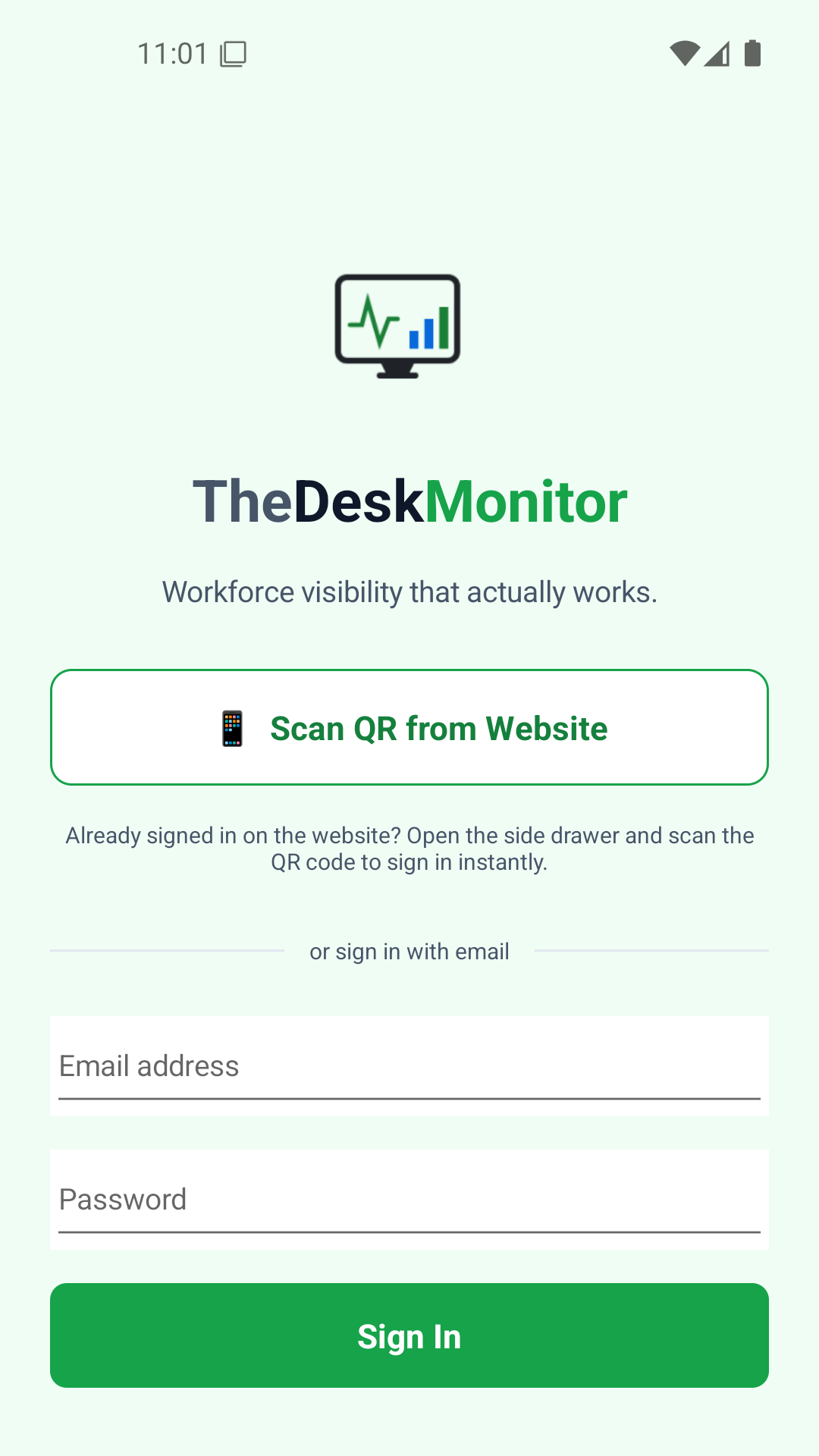 Login screen — email/password form with app branding