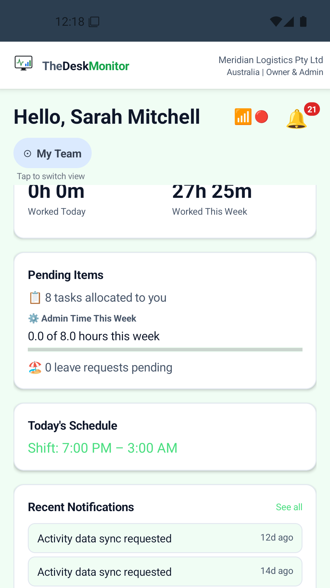 Dashboard — My Team: team hours and schedule