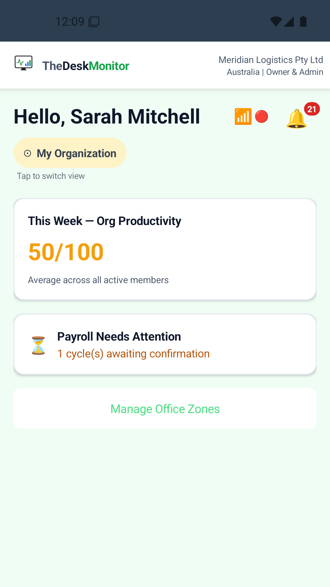 Dashboard — My Organization: org score and payroll alert