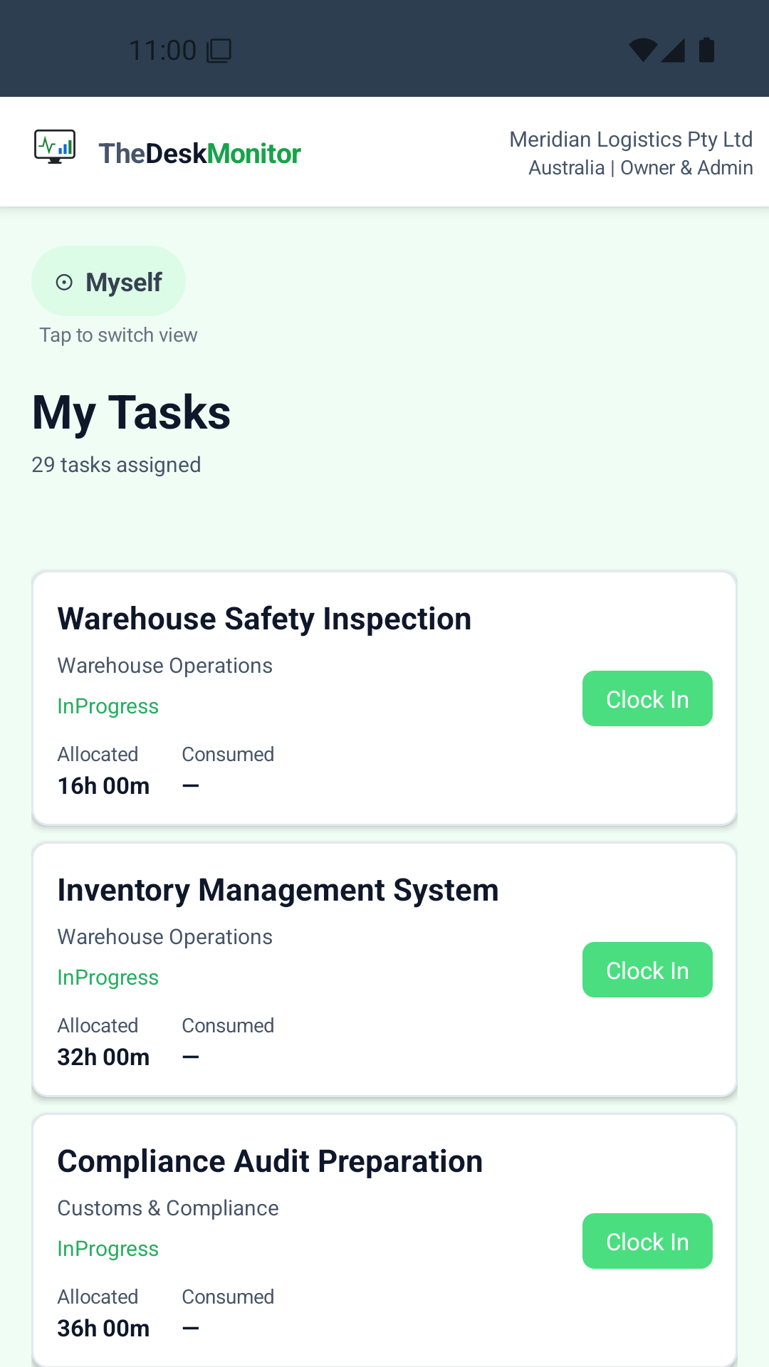 Tasks screen — task list with status indicators
