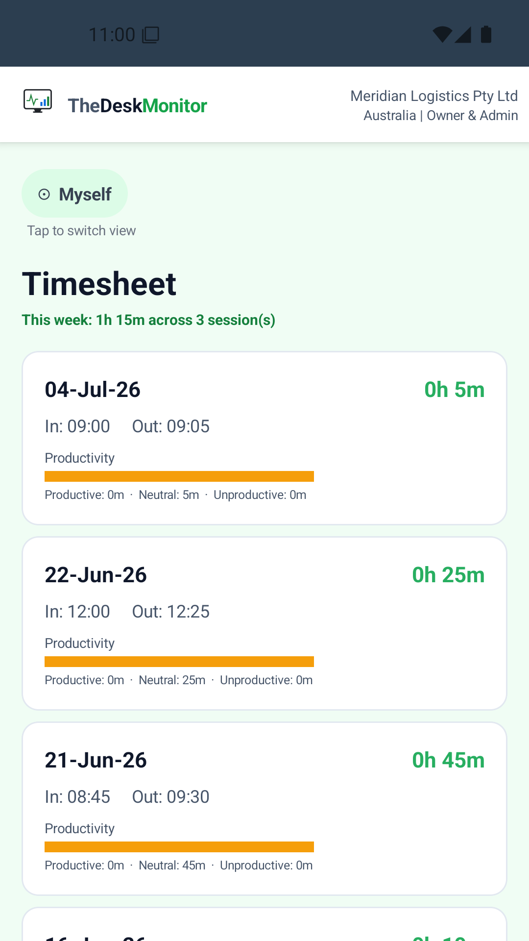 Timesheet screen — weekly timesheet view