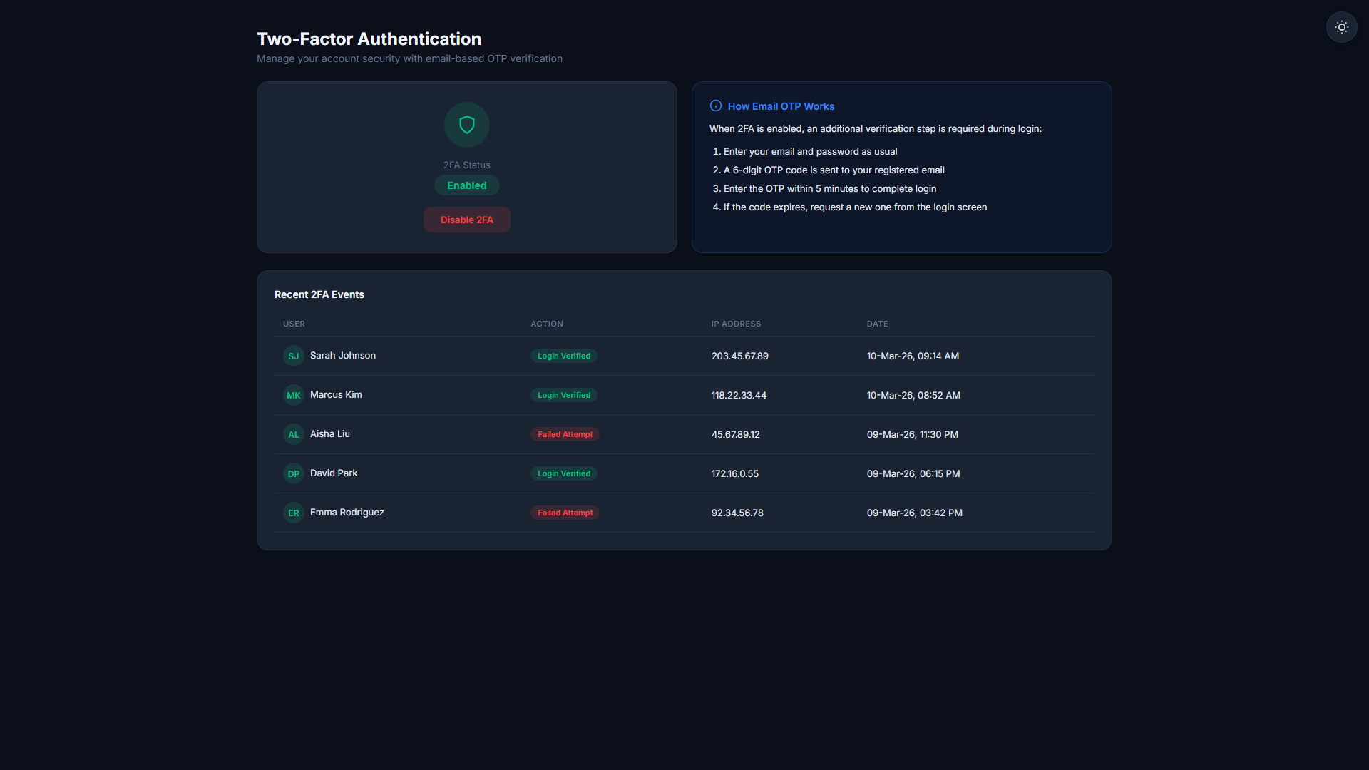 Two-factor authentication settings