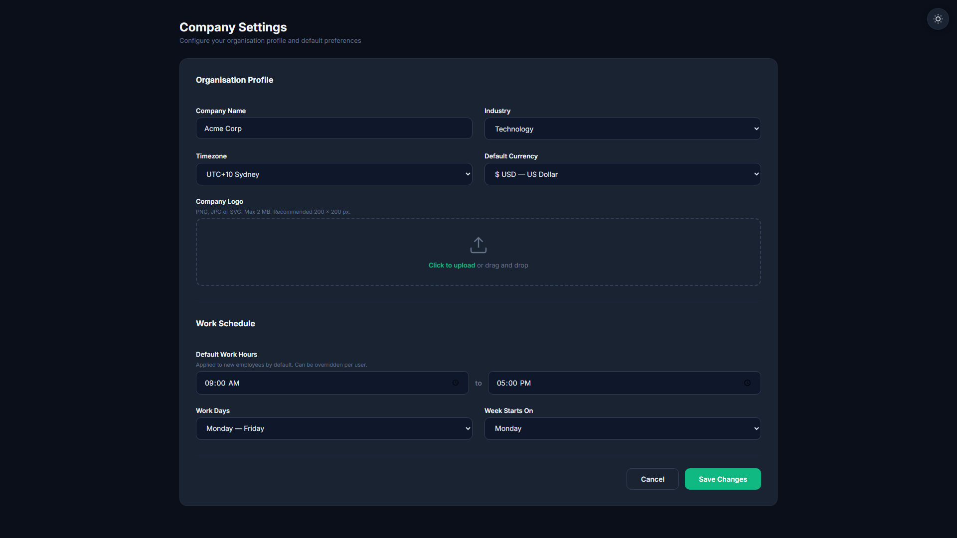 Company settings configuration